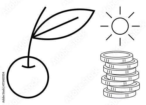 Cherry with leaf, sun, and stacked coins symbolize growth, agriculture, financial stability, sustainability, eco-economics, renewable resources and prosperity. Ideal for green business themes
