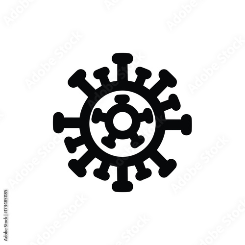 Simplified black and white representing a virus or microorganism with circular structures and spike-like projections