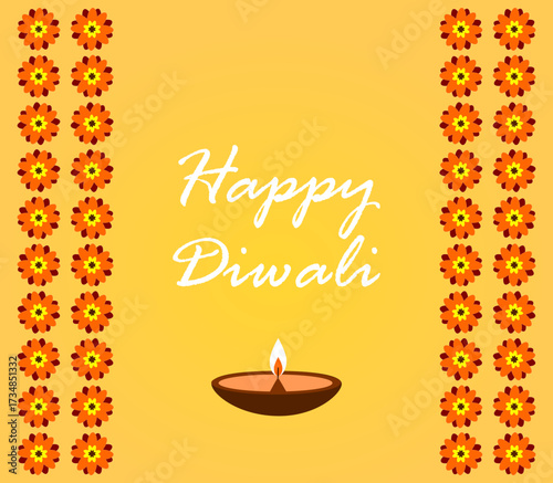 Diwali card with diya, marigold frame and the inscription "Happy Diwali"