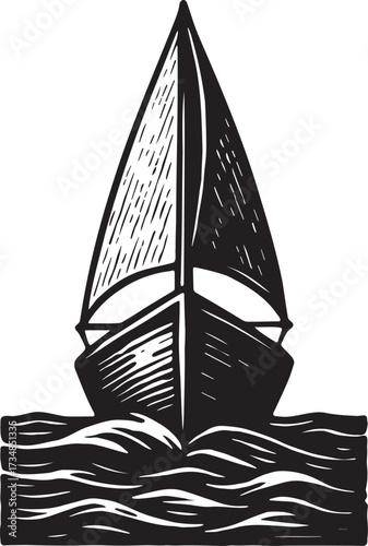 Sailing yacht boat cutting waves linocut black and white vector illustration for nautical travel and ocean marine packaging label artwork