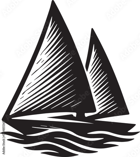Sailboat sails catching wind linocut black and white vector illustration for nautical marine sailing and ocean travel packaging label artwork