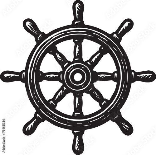 Ship wheel helm nautical steering wheel linocut black and white vector illustration for sailing and marine packaging label artwork