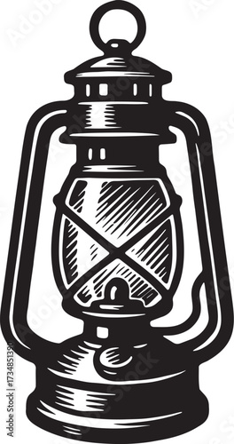Antique kerosene lantern oil lamp linocut black and white vector illustration for nautical marine vintage camping packaging and label artwork