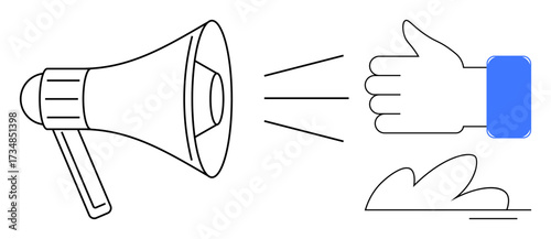 Megaphone emitting sound waves, hand showing thumbs-up gesture, and minimal abstract accents. Ideal for marketing, communication, approval, feedback, promotion social influence teamwork. Clean flat