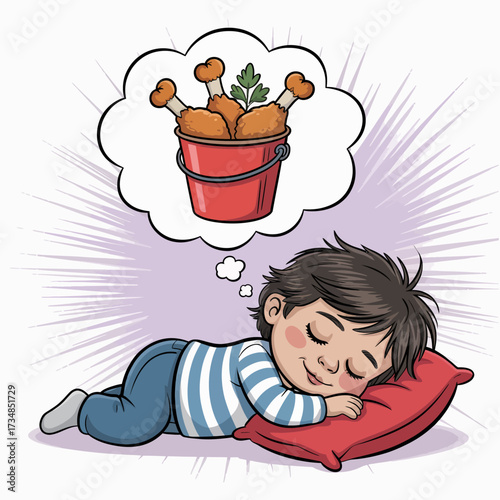 A young boy peacefully sleeps on a pillow while dreaming of a bucket filled with tasty fried chicken and drumsticks, radiating a sense of comfort and joy.