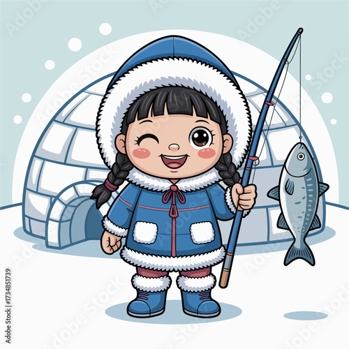 In this delightful winter scene, a happy child with pigtails fishes outside an igloo, capturing childhood joy and excitement amidst a snowy landscape full of charm and adventure.