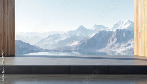 Modern Platform Overlooking Serene Lake Reflecting Snow-Capped Mountains Against Pale Blue Sky with Subtle Wooden Frame