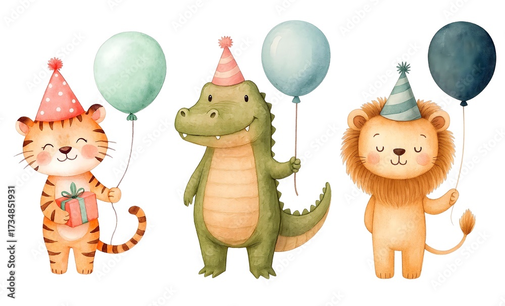 Fototapeta premium Watercolor Safari Birthday Animals Clipart – Cute Crocodile, Lion and Cat with Party Hats and Balloons, Hand-Painted Kids Illustration