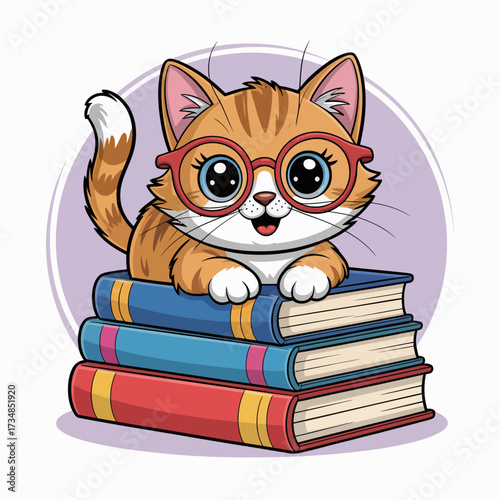An adorable cat wearing glasses sits on a stack of colorful books, representing knowledge, curiosity, and the joy of reading in a playful and artistic manner.