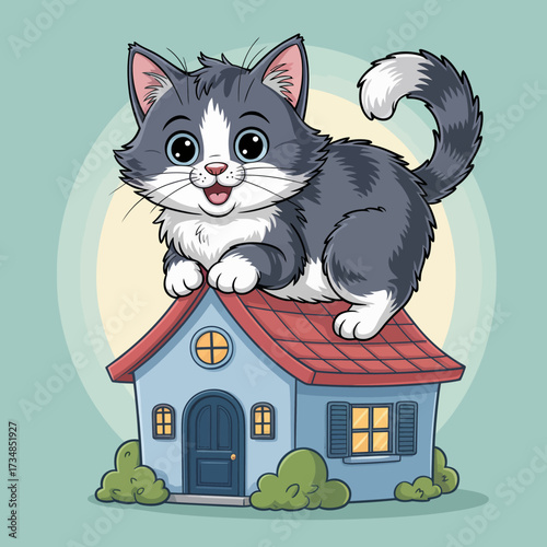 A fluffy grey cat sits atop a charming blue house, radiating contentment. Ideal for home-themed designs, emphasizing comfort, coziness, and companionship.
