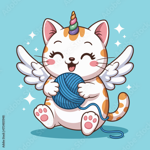 This image showcases a sweet cartoon cat with unicorn features, including a colorful horn and wings, joyfully playing with a ball of yarn, embodying playfulness and imagination.