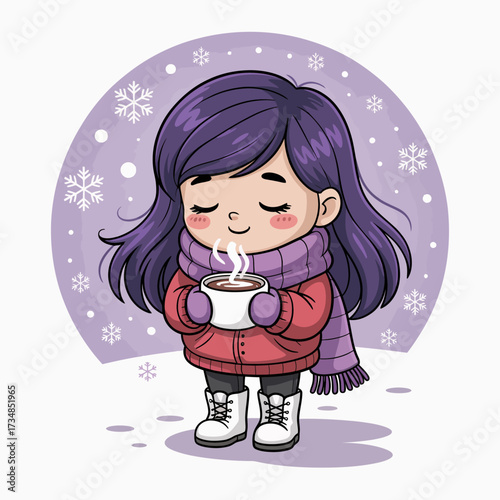 A charming illustration of a girl enjoying a warm cup of cocoa while surrounded by falling snowflakes, capturing the essence of winter coziness and joy.