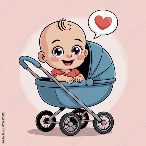 A joyous baby peeks out from a blue stroller, radiating happiness and warmth, capturing the pure essence of early childhood and the love it brings.