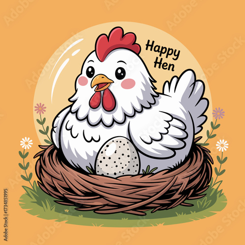 This adorable hen is nestled comfortably in her nest, displaying a happy demeanor while guarding her spotted egg, perfect for themes of nurturing and care in nature.