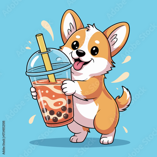 A joyful Corgi holding a large drink with a straw, radiating happiness and playfulness, perfect for pet lovers and showcasing the joyful bond between pets and indulgence.