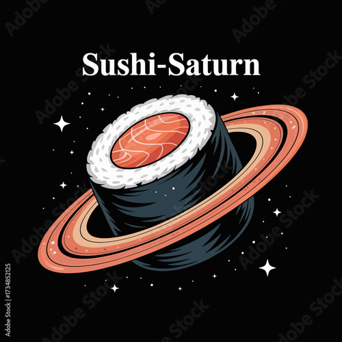 This whimsical illustration features a planet resembling a sushi roll, complete with rice and salmon, creatively combining elements of the cosmos and culinary delights.