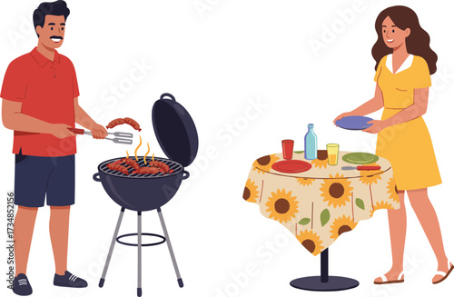 Barbecue, outdoor cooking, grilling sausages, picnic setting, family gathering, summer party, food preparation, casual lifestyle, social event, leisure activity, friends, dining