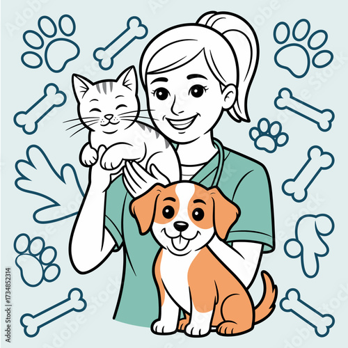 A friendly veterinarian smiles while holding a content cat and an excited puppy, representing the bond between pets and their caregivers in a warm, welcoming environment.
