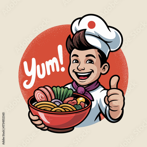 An enthusiastic chef in a white uniform and hat proudly holds a vibrant bowl of delicious food, expressing joy and creativity in culinary art and delightful cuisine.