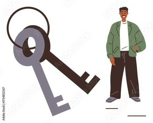 Man in casual attire stands near large key pair on ring. Ideal for success, opportunity, security, choice, growth, potential, access. Simple flat metaphor
