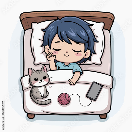 A heartwarming illustration of a child peacefully sleeping in bed with a cuddly cat beside, evoking a sense of comfort, security, and serene dreams in a warm environment.