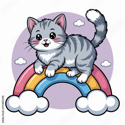 A playful gray kitten sits atop a vibrant rainbow, surrounded by fluffy white clouds and a soft pastel background, showcasing a whimsical and cheerful atmosphere.