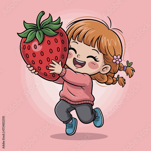 A joyful girl with braided hair is happily holding a huge strawberry, symbolizing childhood delight and innocence in a vibrant and playful illustration suitable for children.