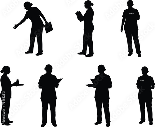 Professional silhouettes, workplace roles, healthcare staff, hospitality workers, clipboard reading, tray carrying, teamwork, communication, business 
