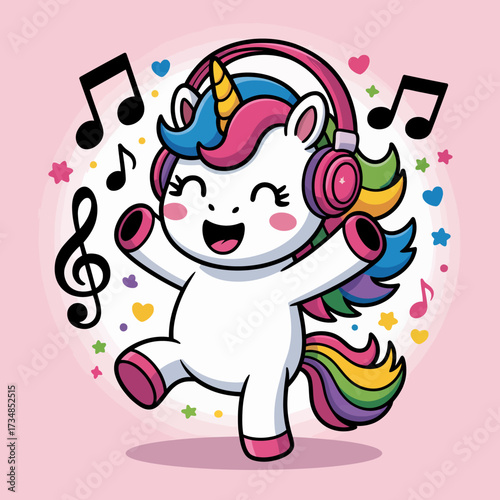 A joyful unicorn wearing headphones dances to music, surrounded by colorful notes and hearts, portraying happiness, joy, and the love for music in a whimsical style.