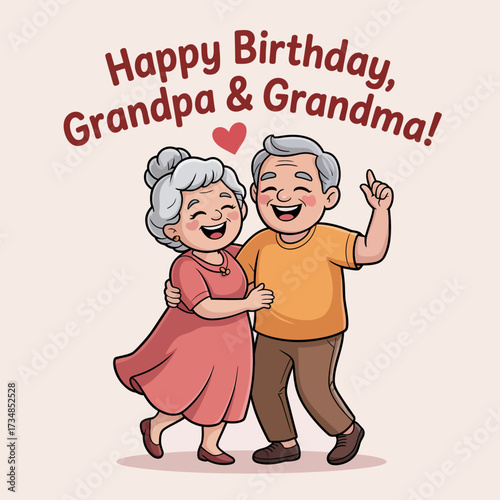 This heartwarming illustration shows an elderly couple dancing joyfully together, celebrating love and companionship, embodying the essence of family and happiness.