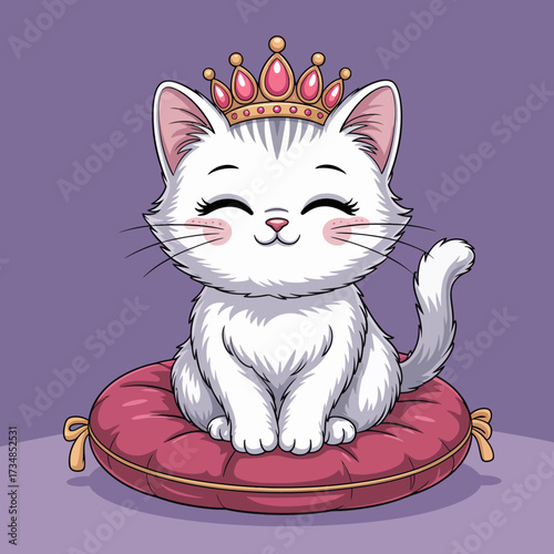 A charming white cat wearing a golden crown sits happily on a plush pink pillow, exuding royal cuteness and inviting smiles from anyone who sees it.