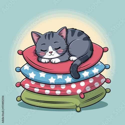 A peaceful sleeping cat rests comfortably on a stack of colorful pillows, symbolizing relaxation and warmth, perfect for evoking feelings of coziness, tranquility, and restful moments.