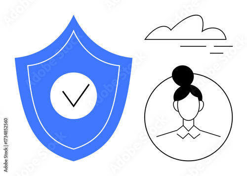 Blue shield with checkmark represents protection accompanied by cloud and female avatar for identity. Ideal for cybersecurity, data security, user privacy, trust, reliability, technology, simple flat