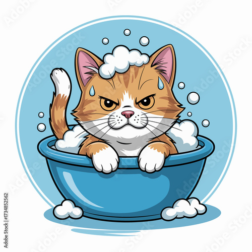 This humorous illustration showcases a grumpy cat sitting in a bubble bath, emphasizing its displeasure with playful expressions, making it both funny and relatable.