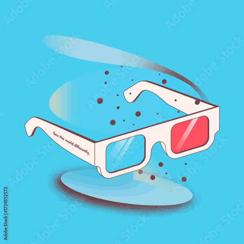This modern image showcases chic 3D glasses against a vibrant blue background with an inspiring text 'See the World Differently', emphasizing the fun of visual entertainment.