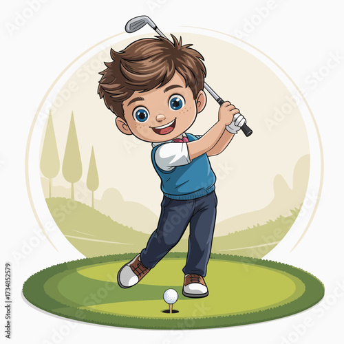 A bright and cheerful illustration of a young boy swinging a golf club on a lush course, representing the joy of sports and youthful enthusiasm.