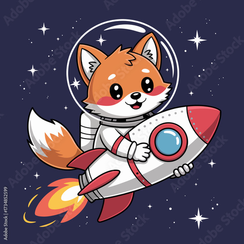 This adorable illustration presents a smiling fox in a space suit holding a rocket, igniting a sense of adventure and exploration in a whimsical cosmic background.