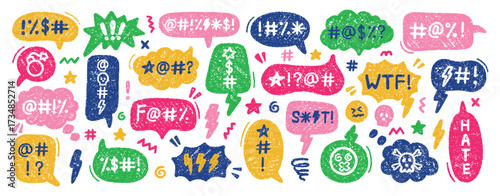 Speech bubble with swear word and hate. Hand drawn sketch of a grumpy comic text balloon with curse or insult by pencil and charcoal doodle. Rude profanity censorship in scribble talk cloud