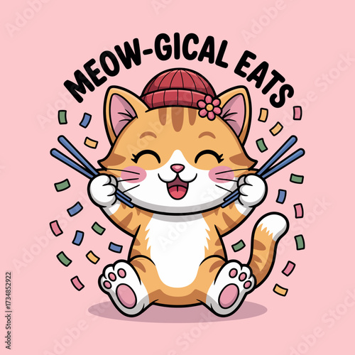 A joyful cat wearing a beanie happily uses chopsticks while celebrating a meal, bringing a cute and humorous touch to the concept of dining and joy in culinary experiences.
