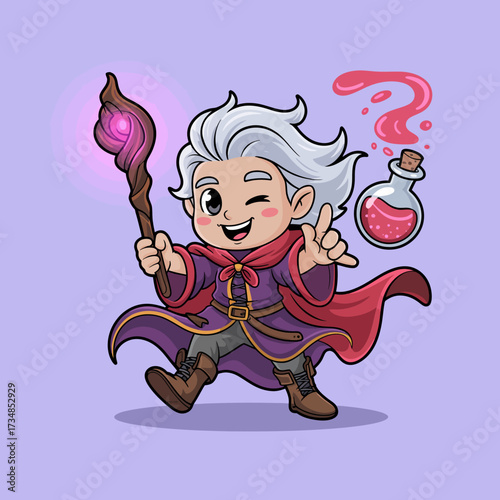 This whimsical illustration features a young wizard, playfully brandishing a colorful potion and a magical wand, capturing the essence of imagination and charm in magic-themed art.