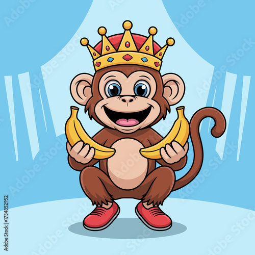 A joyful cartoon monkey wearing a crown happily sits while holding two bananas, representing playfulness and fun in a colorful and whimsical artistic design.