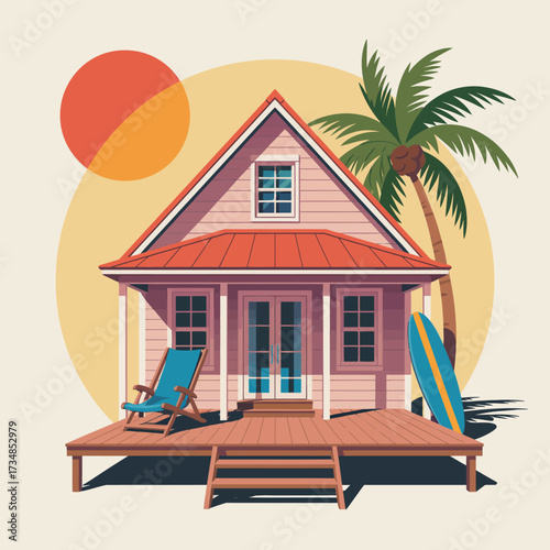 This delightful illustration showcases a beach house surrounded by palm trees and sun, inviting viewers to imagine vacations and relaxation with a touch of summer.