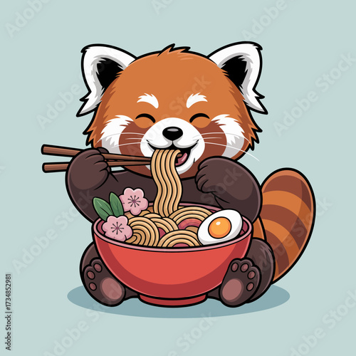 This delightful illustration showcases a joyful red panda happily enjoying a bowl of noodles, using chopsticks, which highlights its playful nature and appreciation for food.
