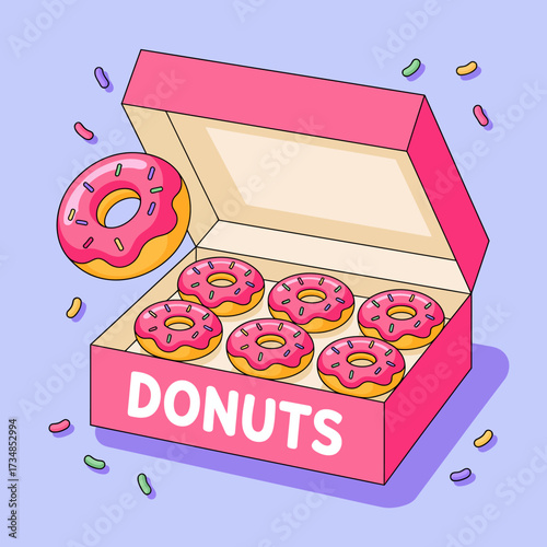 This delightful image showcases a vibrant pink box filled with colorful donuts, featuring sprinkles on top, perfect for any dessert lover or sweet treat enthusiast.
