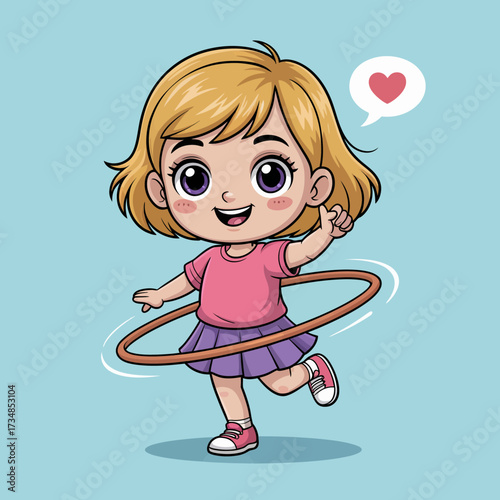 This delightful illustration portrays a young girl joyfully playing with a hula hoop, showcasing a fun activity with an expressive smile and a vibrant background adding excitement.