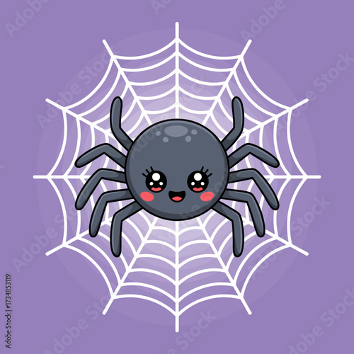 A cute cartoon spider with big eyes and a cheerful expression sits on its web, making it a friendly representation of spiders and evoking feelings of fun and creativity.