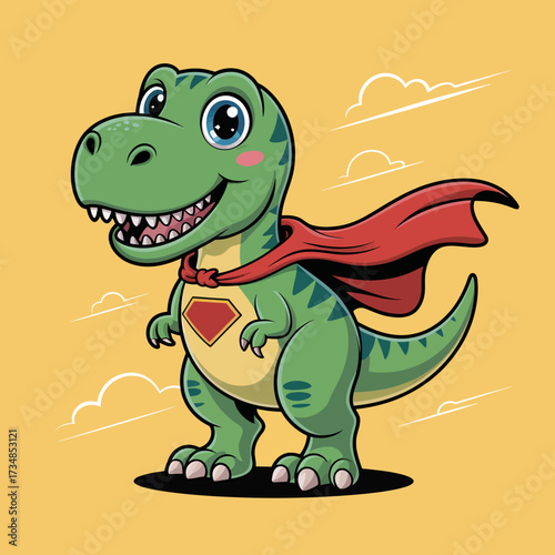 This cartoon-style illustration of a dinosaur wearing a superhero cape exudes confidence and bravery, appealing to the imagination and themes of adventure and heroism.
