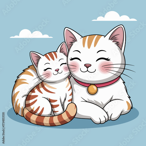 An adorable pair of cats are depicted cuddling together, exuding love and affection while conveying the joy and companionship shared between pets in a serene environment.