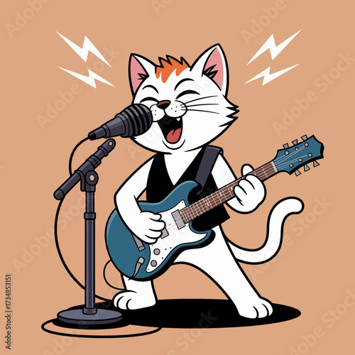 A cheerful cartoon cat is energetically playing a guitar and singing into a microphone, representing the joy of music and the fun spirit of performance.