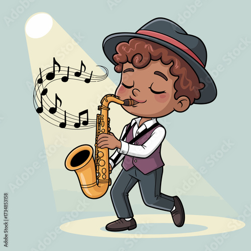 A young boy plays the saxophone passionately under a spotlight, embodying the joy of music and creativity, capturing the heart of artists and listeners alike in a vibrant setting.
